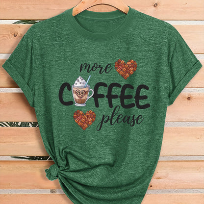 Women'S Coffee Lover Graphic T-Shirt - "More COFFEE Please" Print with Coffee Beans & Heart Eyes - Soft Stretch Round Neck Casual Streetwear Top for Gym, Casual Attire & Coffee Shop Outfits - All-Season Comfort Fit Tee, Coffe