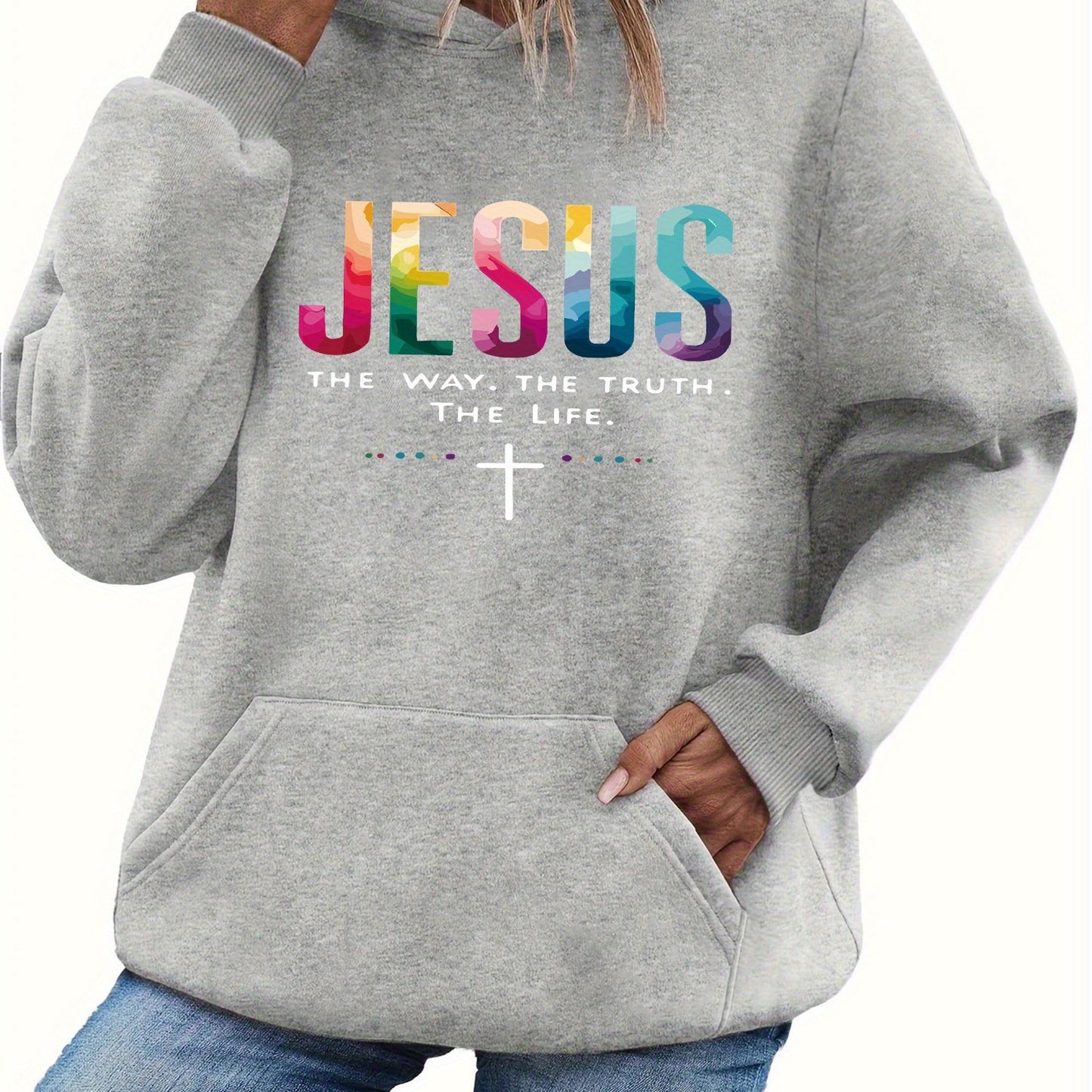 Women'S Print Hoodie - Religious Christian Apparel with " is the Way, the Truth, the Life" Bible Verse (John 14:6), Lightweight Hooded Sweatshirt for Church, Prayer, Everyday Faith - Soft Breathable Pullover in Gray/Blue/Pink