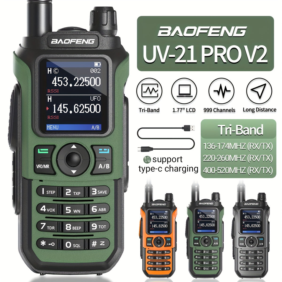 BaoFeng UV-21R Ham Radio Handheld Two-Way Radio - Long Range UHF/VHF Dual Band Walkie Talkie with Type-C Charging, 999 Channels, NOAA Weather Alerts, USB/Battery Powered, Compatible with UV-5R - for Camping, Construction, Eve