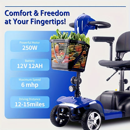 Mobility Aids for The, Four-wheel Foldable Mobility Scooters for Adults, 250w 12V, 12ah 15 Mile Long Range, with LED Headlights And A Detachable Storage Basket. Comes with A Tool Kit, Charger, And Instruction Manual.