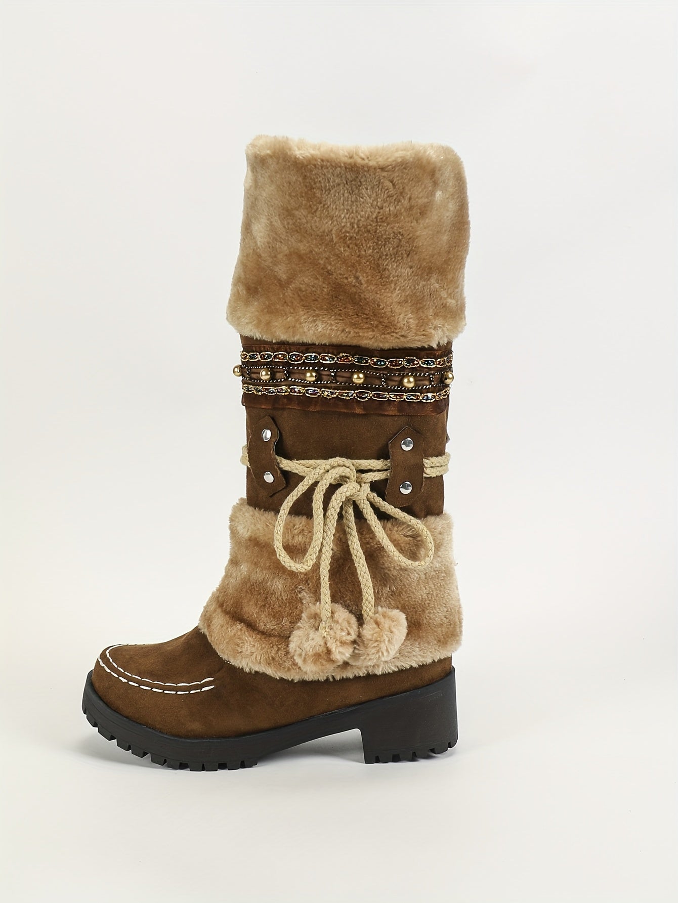 Ethnic Cowboy Boots for Men - Women's Mid-Calf Boots - High Heel Ankle Boots with Faux Fur Lining - Autumn and Winter