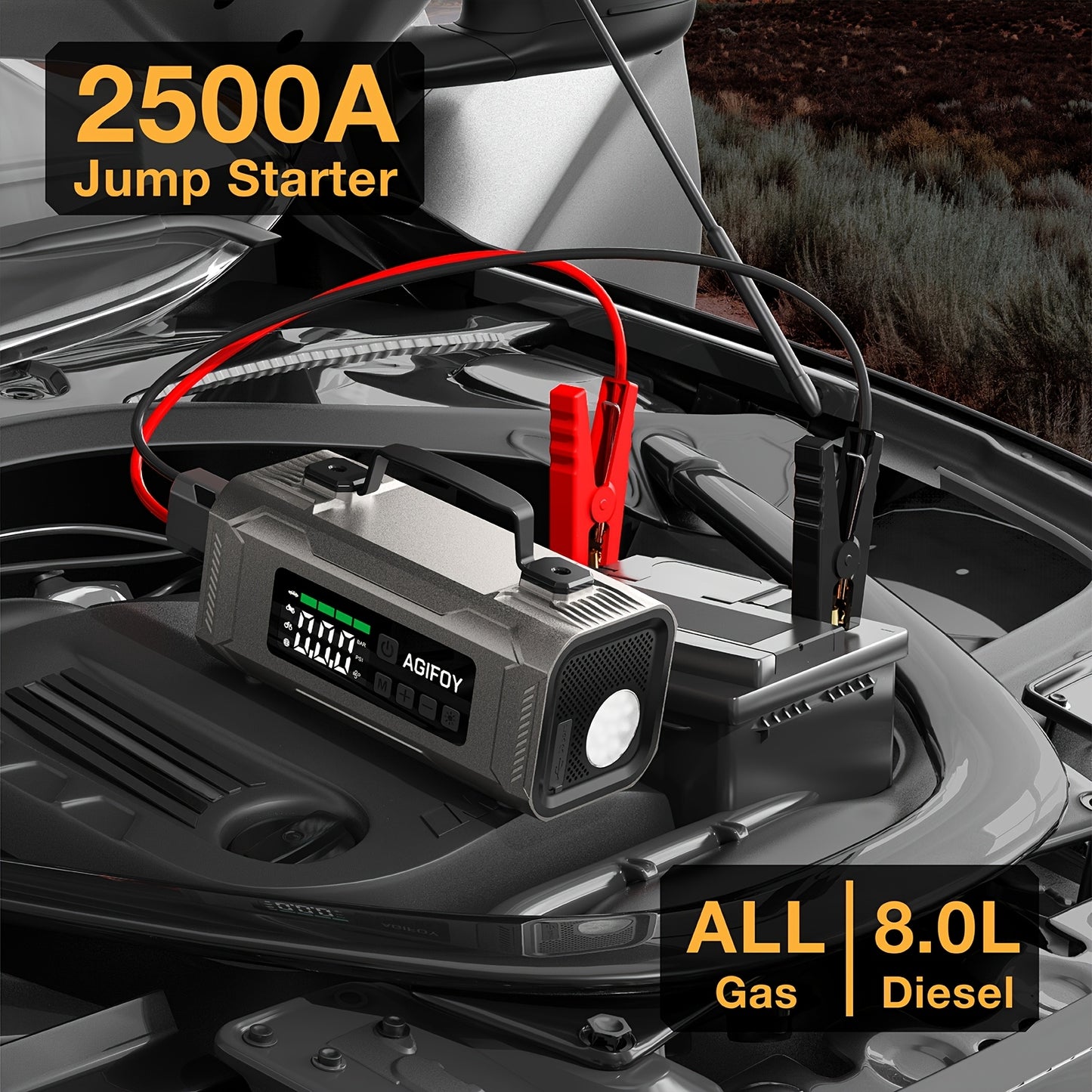 Car Jump Starter with Air Compressor, 6-in-1 2500A Car Battery Charger Power Jumper Starter Pack(All Gas/2.11gal Diesel), 150PSI Tire Inflator, Air Pump for Inflation/Deflation, LED Emergency Light, Jump Starter Battery Pack