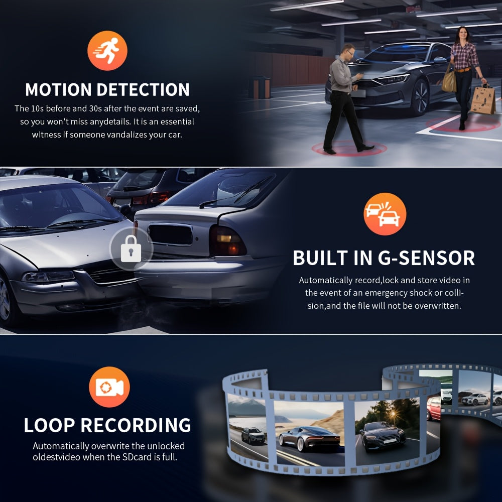 FHD 1080P Front And Rear Dual-Lens Driving Recorder, Car Driving Recorder, Car Camera Infrared Night Vision Function, 170° Wide-Angle Car DVR Camera Loop Video Gravity Sensing Car Dashboard Video Camera, Automotive Parts Tac
