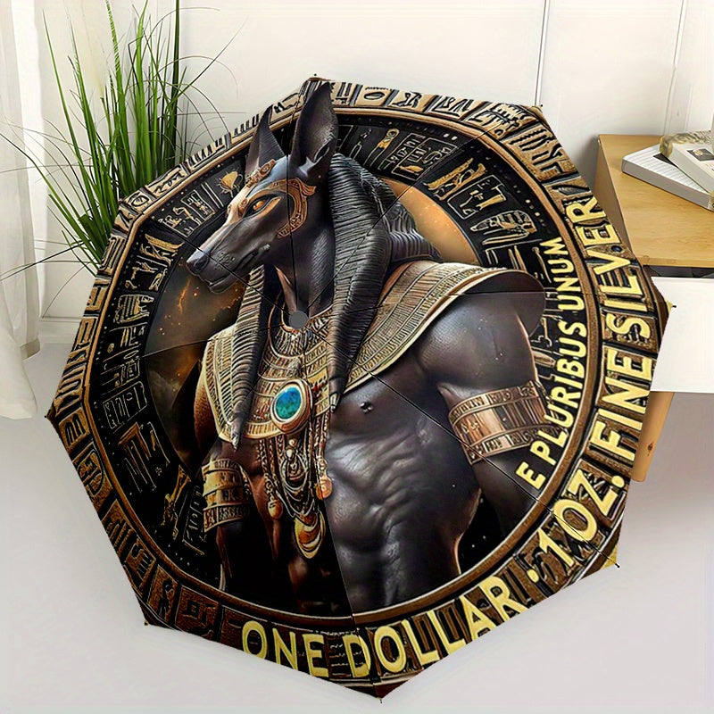 1pc Egyptian Anubis God Design Automatic Folding Umbrella - Lightweight, Retractable, 8-Rib Compact Travel Umbrella with Intricate Egyptian Mythology Artwork, Perfect for Outdoor Adventures & Festive Gifts, Outdoor Umbrella,