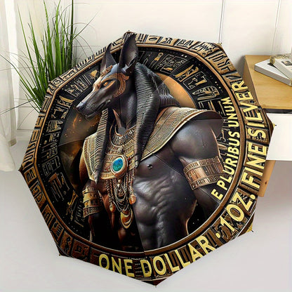 1pc Egyptian Anubis God Design Automatic Folding Umbrella - Lightweight, Retractable, 8-Rib Compact Travel Umbrella with Intricate Egyptian Mythology Artwork, Perfect for Outdoor Adventures & Festive Gifts, Outdoor Umbrella,
