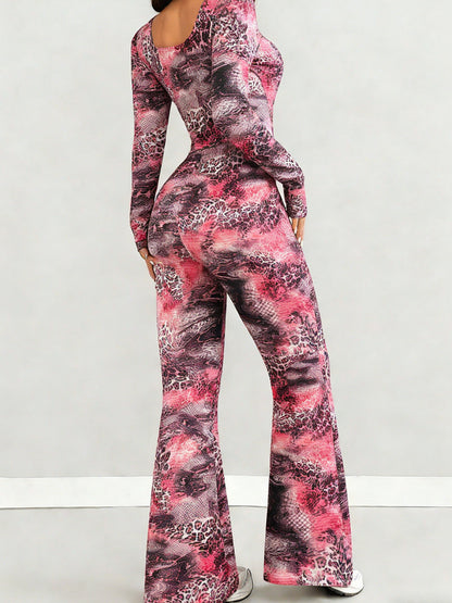 Women'S Jumpsuit Set | Casual Fashionable Sexy, Loose U-Neck Cut, Slim Fit, Pink Black Leopard Print, Long Sleeve Flared Leg, Versatile Use, Suitable for Multiple Occasions & Seasons, Ideal for Outdoor