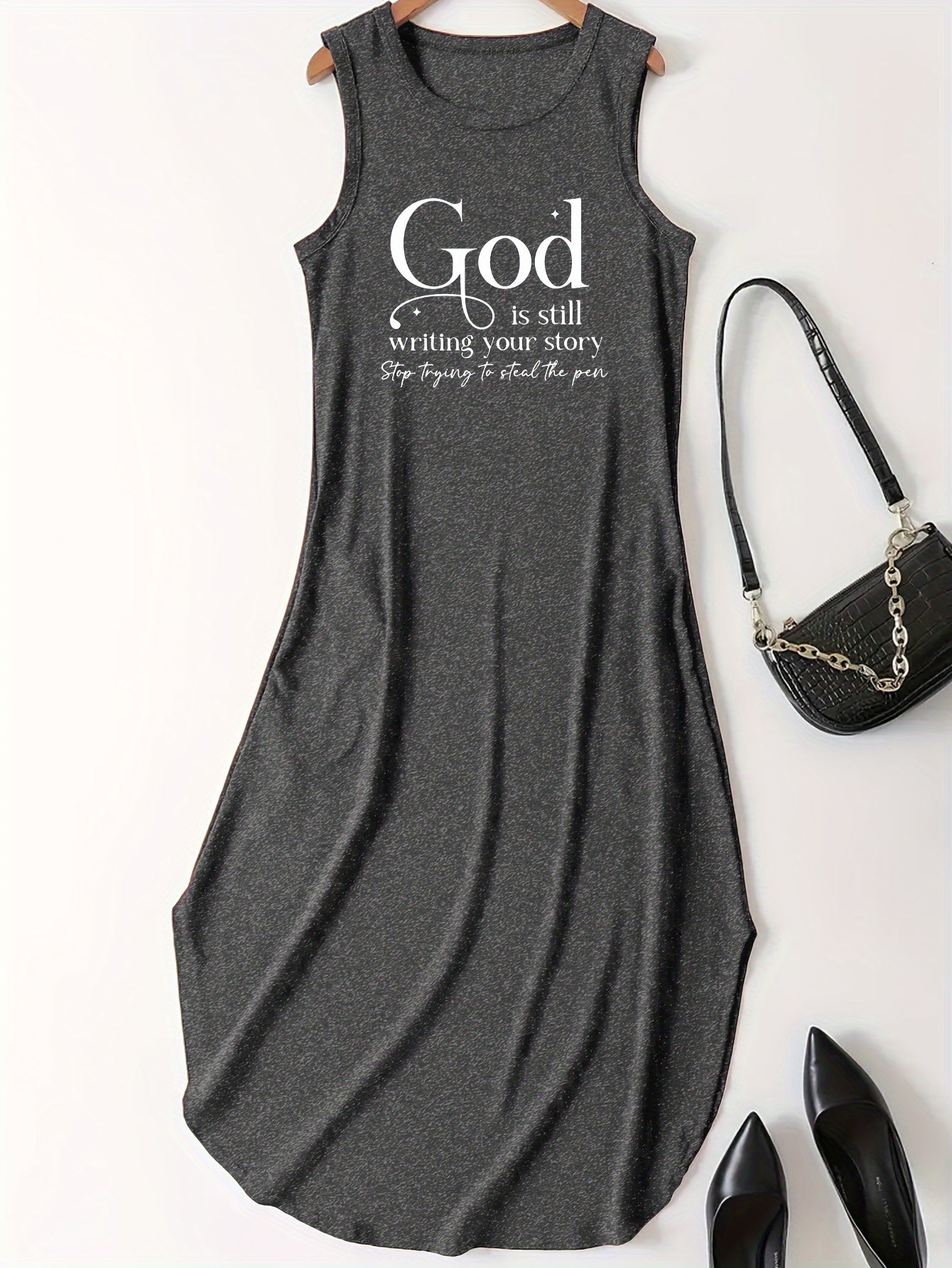 Letter Print Dress, Casual Crew Neck Sleeveless Maxi Dress, Women's Clothing
