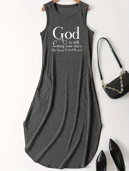 Letter Print Dress, Casual Crew Neck Sleeveless Maxi Dress, Women's Clothing