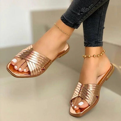 Women's Slip- Comfortable Flat - Open-Toe Mules with Arch & Cushioned Insole, Low-Heel PU Sole, Golden Buckle Strap - Casual to Formal Summer Shoes (EU 36-43, US Women's 5-10) - Ideal for Beach, Office, Semi-Formal Events - E