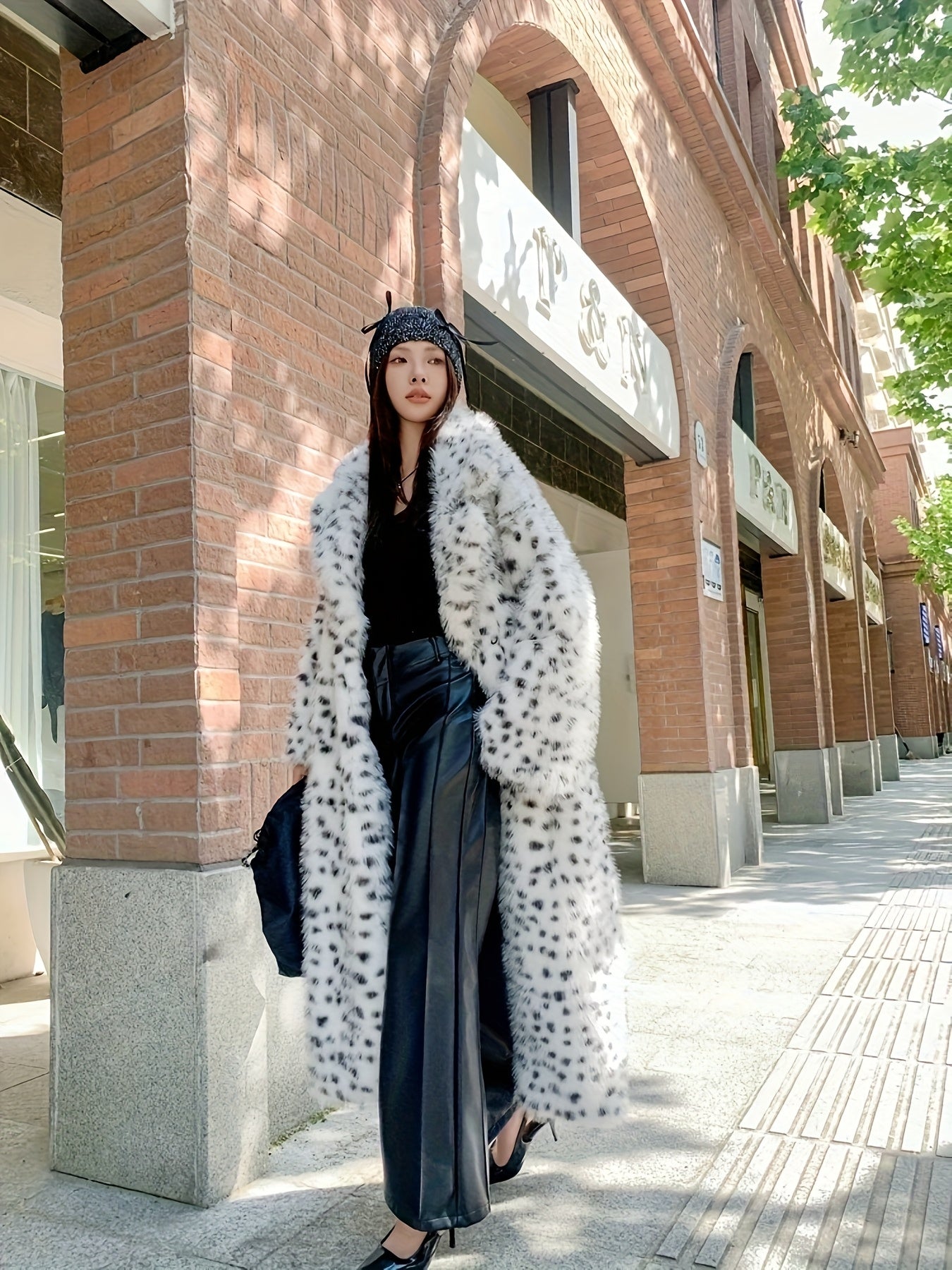 Women'S Elegant Oversized Faux Fur Coat - Black & White Dalmatian Print Longline Jacket with Lapel Collar, Notched Lapel & Speckled Trim, Cozy Toscana Fleece Blend Insulation, Below-Knee Length Winter Coat for Fall/Winter, Ca