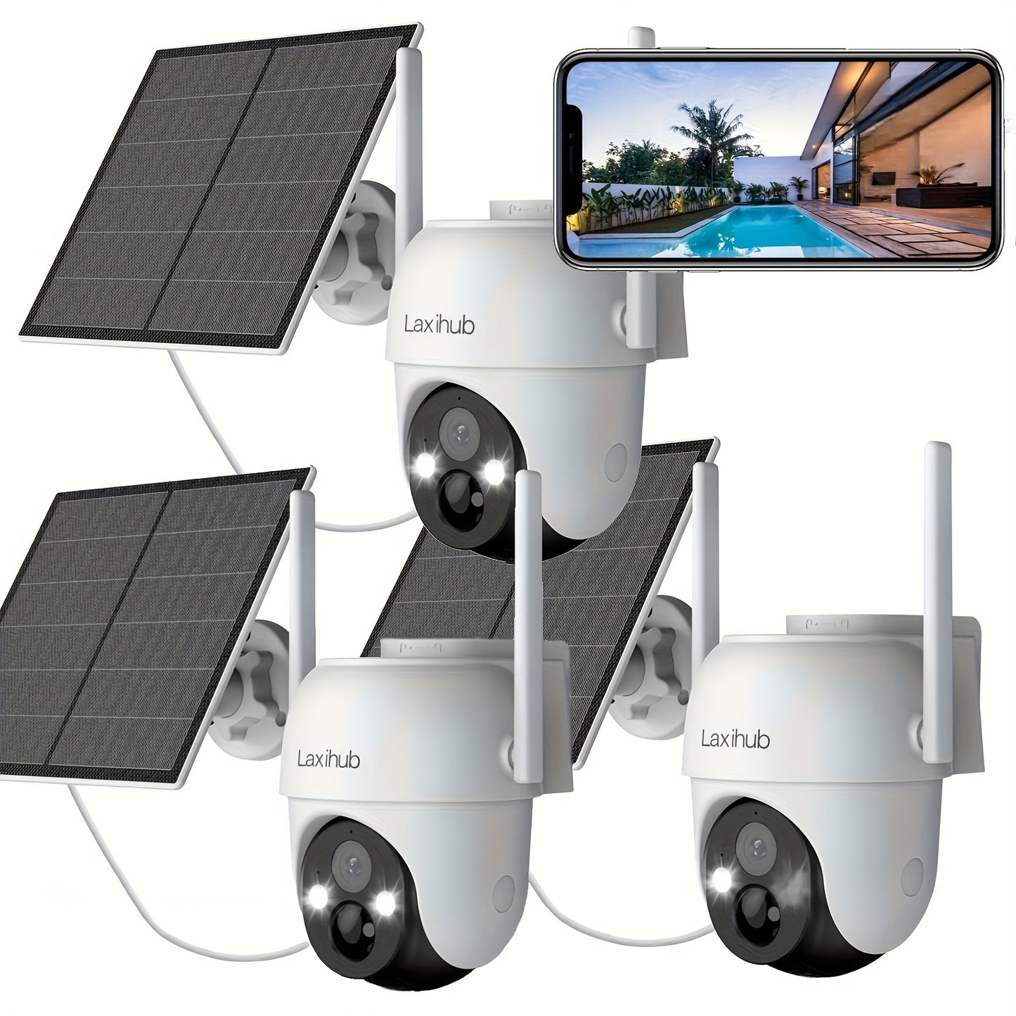 LAXIHUB 3pcs Outdoor Security Cameras | 1296 FHD Wifi Wireless Security Cameras Outdoor Waterproof Solar Powered, Human/Pet AI Detection, 2.4GHz WIFI Only Two-way Audio, Starlight Night Vision, Protect Your Home with 355° Pa