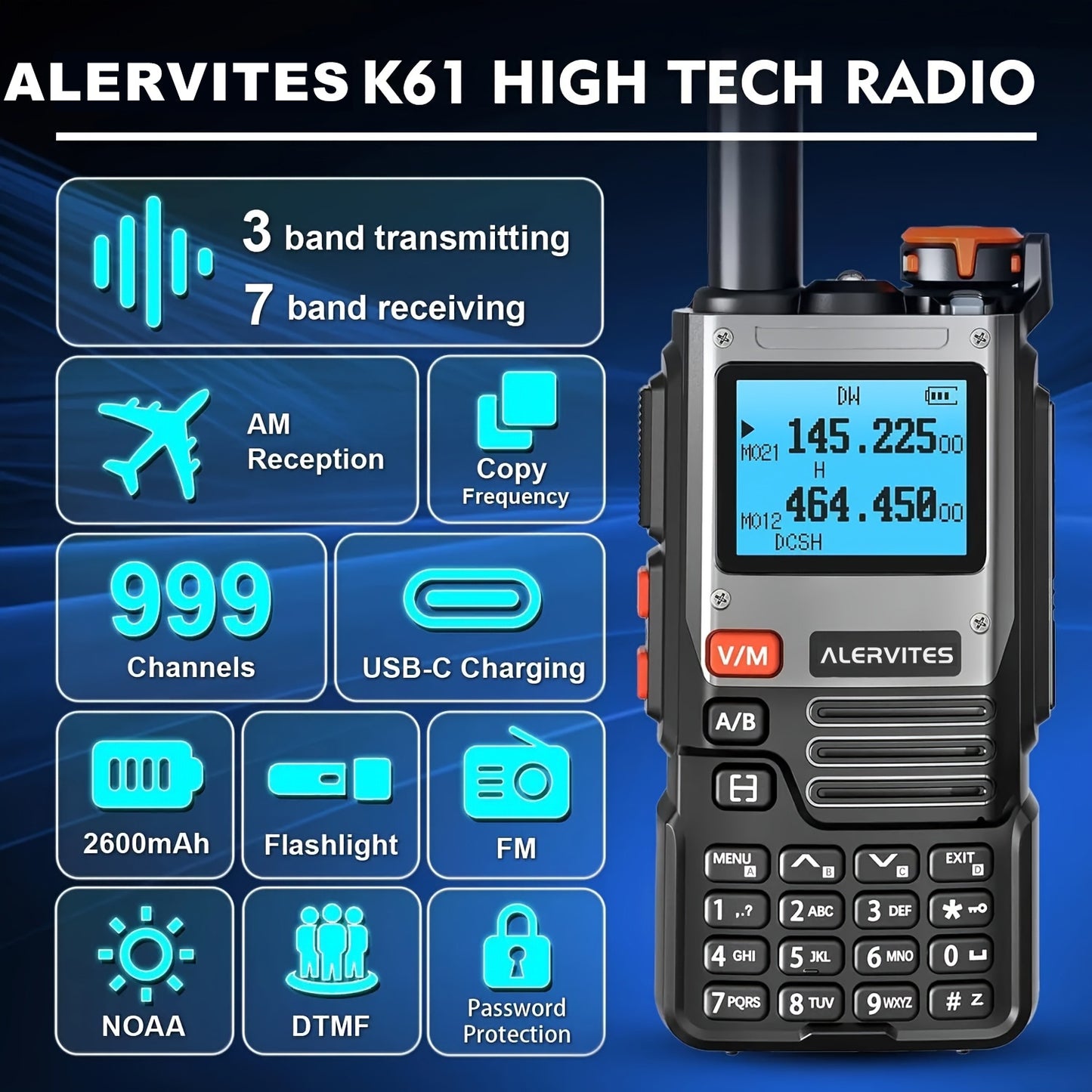 2pcs Alvit High Power 10W Two-Way Radio with 999 Channels, 6 Bands (65-108/108-136/136-174/220-260/260-390/390-520), DTMF, Wireless Copy, NOAA, Type-C Fast Charging, Battery, Outdoor Communication, Rugged Design, Durable Cons