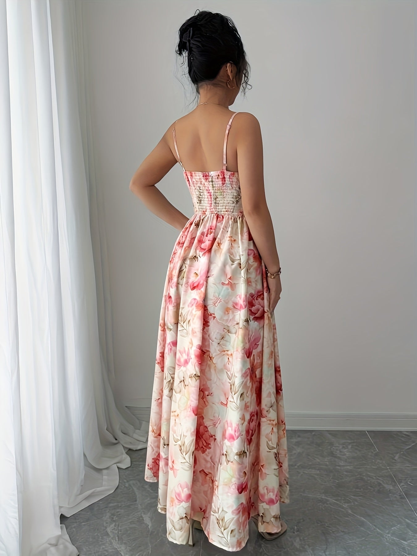 Print French-Inspired Off-Shoulder Maxi Dress with Ruffled Hem - Sleeveless, Cinched Waist, Flowy Design for Women - Perfect for Spring/Summer/Fall - Pink Floral Print on White, Cute Dress