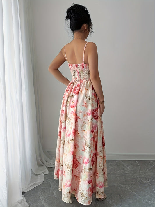Print French-Inspired Off-Shoulder Maxi Dress with Ruffled Hem - Sleeveless, Cinched Waist, Flowy Design for Women - Perfect for Spring/Summer/Fall - Pink Floral Print on White, Cute Dress
