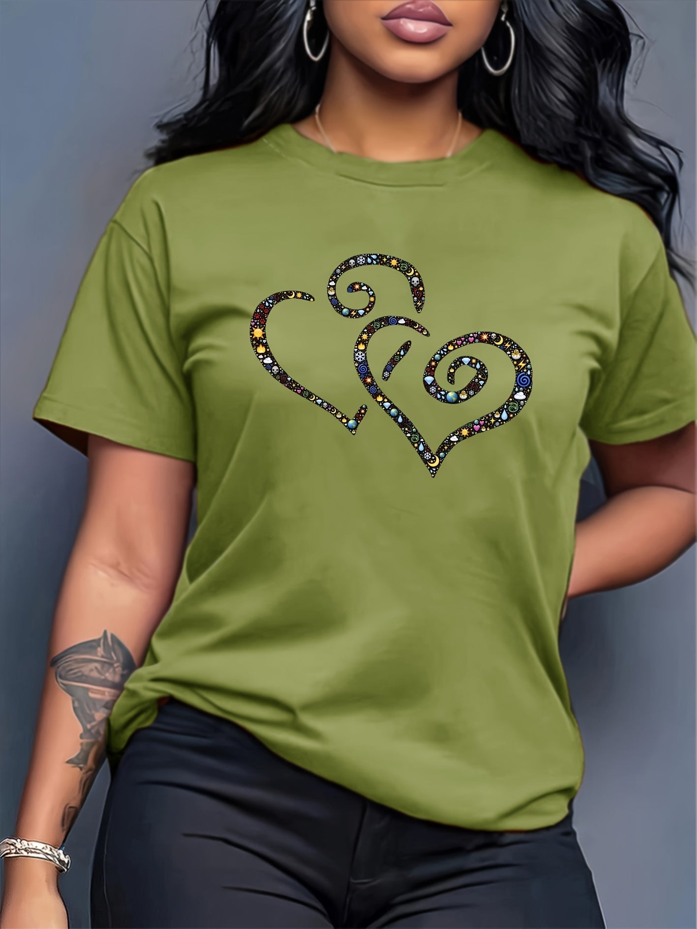 Women's Casual Short Sleeve T-Shirt with Rhinestone-Embellished Heart Print - Round Neck Relaxed Fit, Medium Stretch Fabric, Machine Washable, All-Season Versatile Top for Casual Attire & Vacations (S-XXL, Multi-Color Options