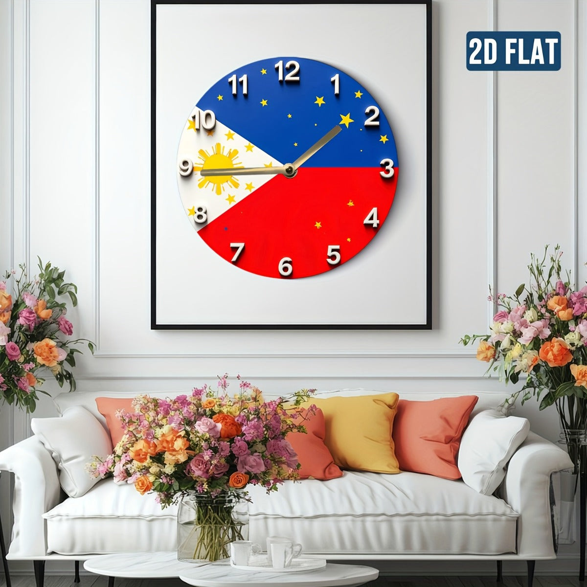 1pc Philippine Flag Wall Clock with Sun, Stars & Philippine Map - Blue face, White Hands, Red & Blue Trim - Modern Filipino Home Decor for Living Room, Bedroom, Office - Ideal Gift for Filipino Families - Battery Not Included
