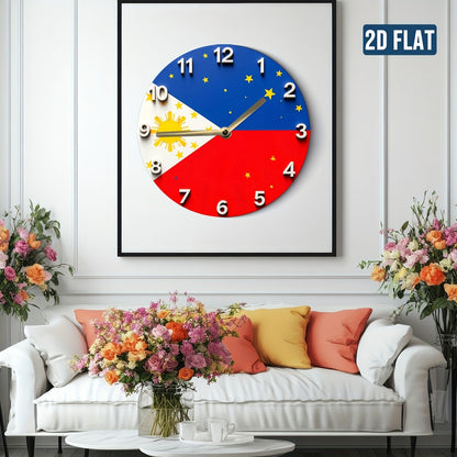 1pc Philippine Flag Wall Clock with Sun, Stars & Philippine Map - Blue face, White Hands, Red & Blue Trim - Modern Filipino Home Decor for Living Room, Bedroom, Office - Ideal Gift for Filipino Families - Battery Not Included