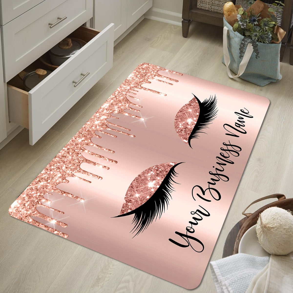 1pc Rose Golden Glitter Eyelash Design Door Mat - 10mm Thick Soft Polyester Non-Slip Rectangular Mat with Pink & Golden Glitter Eyes & Lashes, Luxury Bathroom Bedroom Entryway Decor