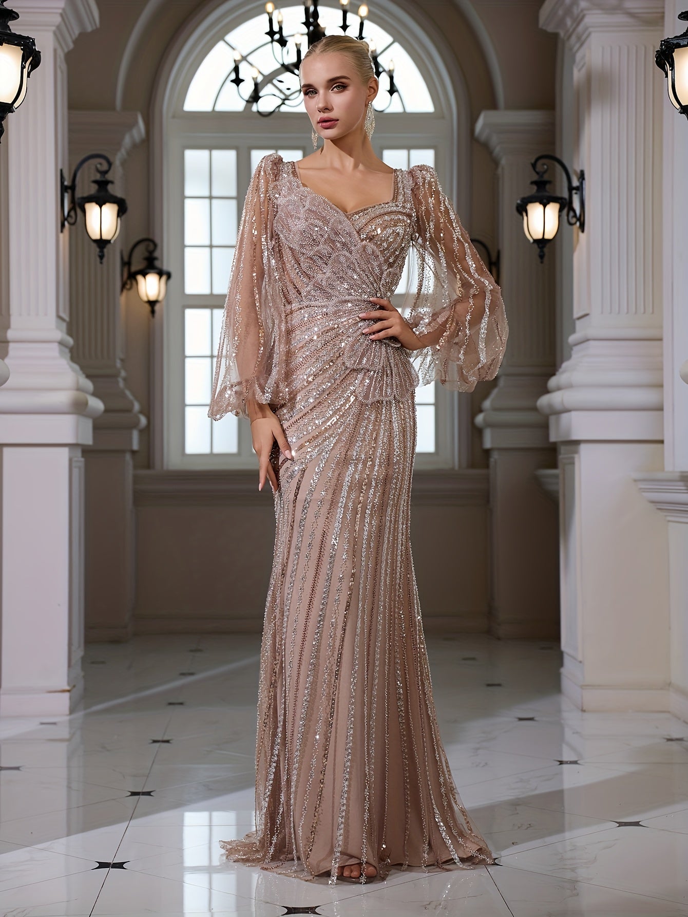 Elegant Square Neck Long Sleeve Bodycon Fishtail Gown with Applique Sequins | Perfect for Weddings, Banquets, and Parties, All-Season Wear