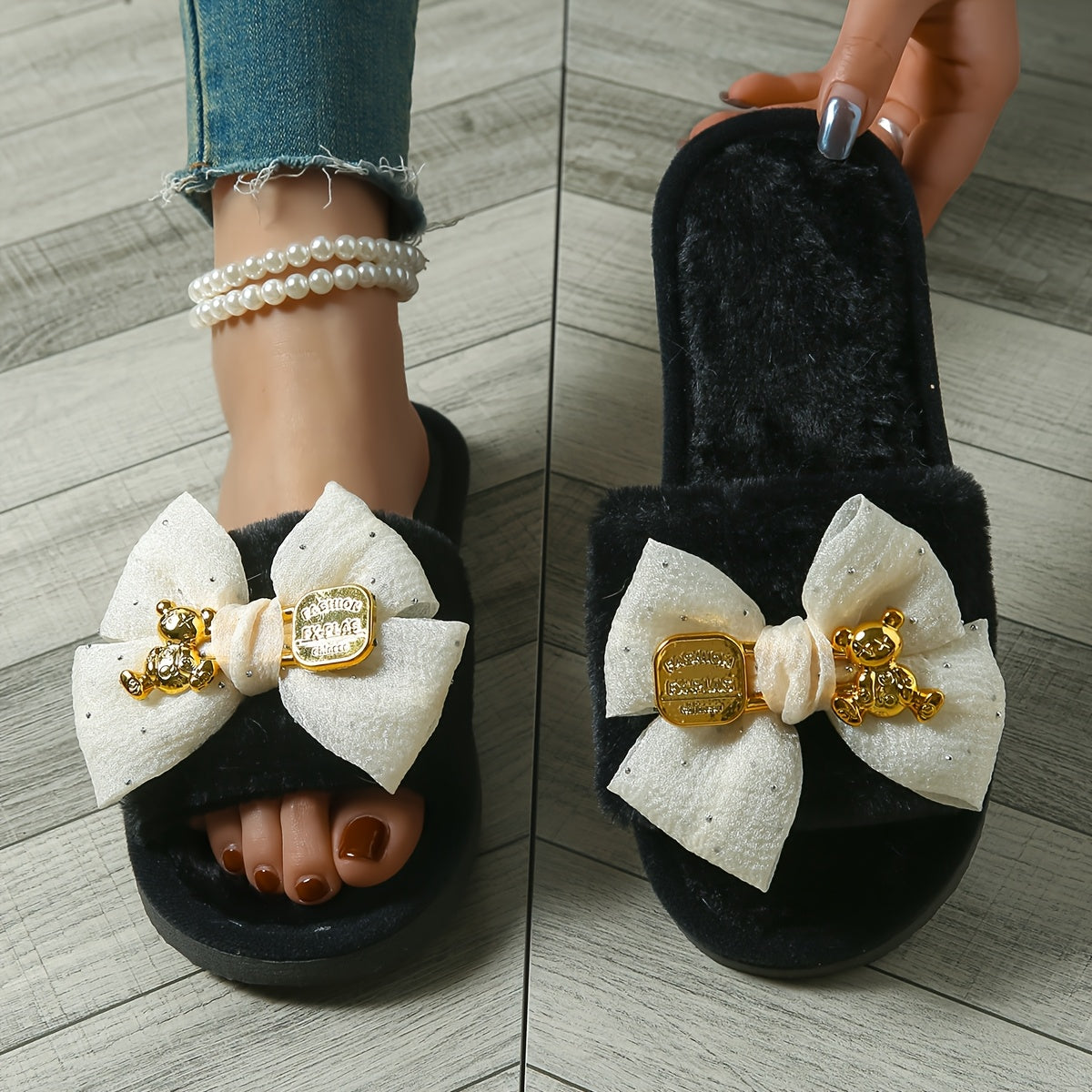 New Style Bear Bow Slippers for Women, Suitable for Spring, Summer, Autumn, And Winter, Featuring Open-Toe Design And Available in Larger Sizes for Indoor Use.