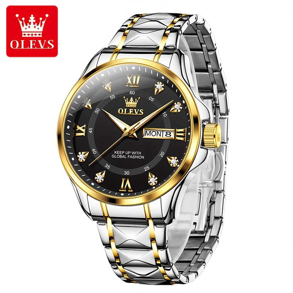 OLEVS Men's Luxury Business Chronograph Watch - Stainless Steel Dual Date & Day Calendar, Luminous Hands, Quartz Movement, Black Dial with Golden Accents for Formal & Casual Wear, Professional Timepiece, Sophisticated Style,