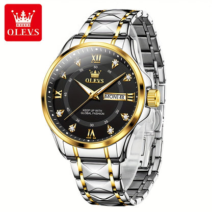 OLEVS Men's Luxury Business Chronograph Watch - Stainless Steel Dual Date & Day Calendar, Luminous Hands, Quartz Movement, Black Dial with Golden Accents for Formal & Casual Wear, Professional Timepiece, Sophisticated Style,