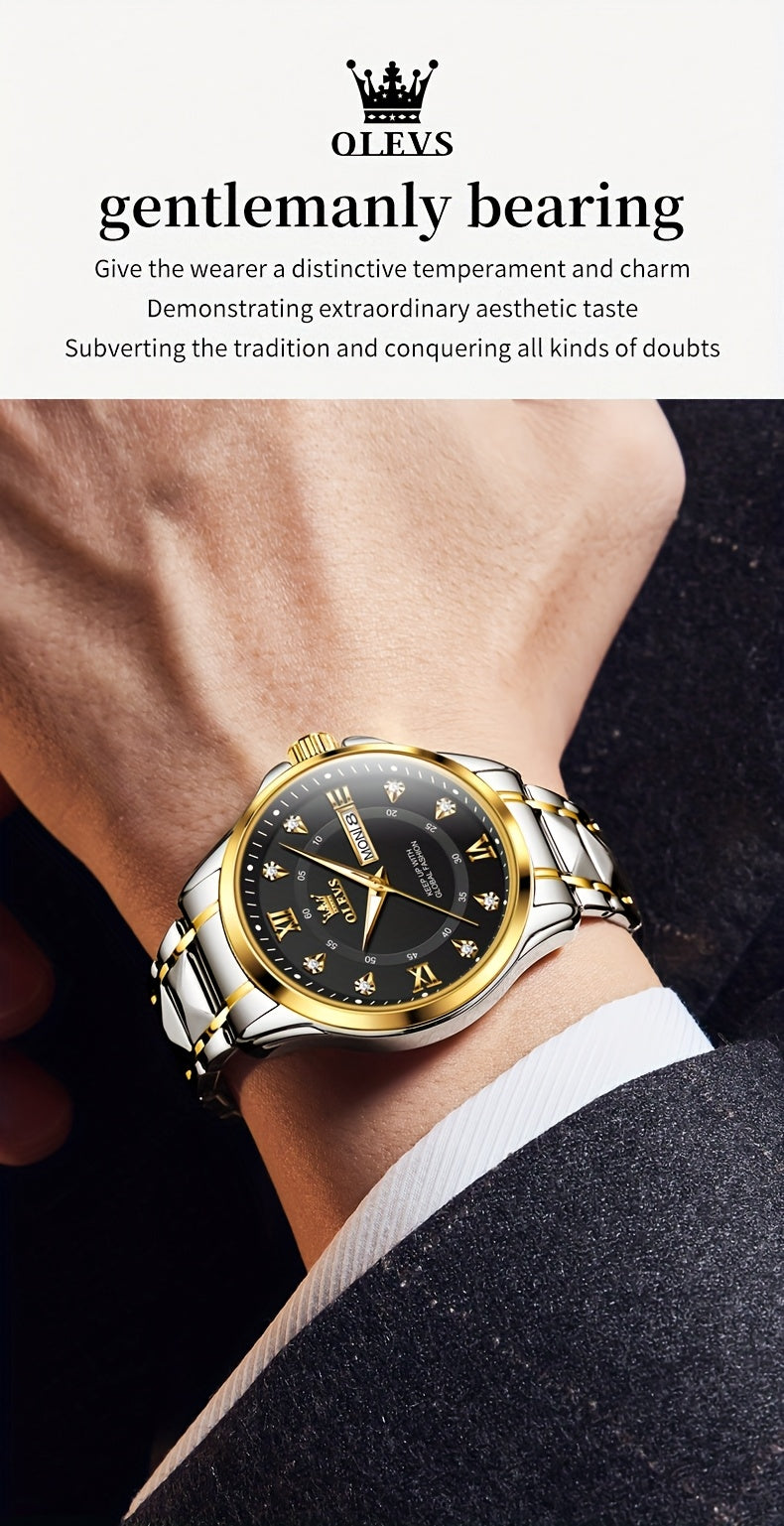 OLEVS Men's Luxury Business Chronograph Watch - Stainless Steel Dual Date & Day Calendar, Luminous Hands, Quartz Movement, Black Dial with Golden Accents for Formal & Casual Wear, Professional Timepiece, Sophisticated Style,