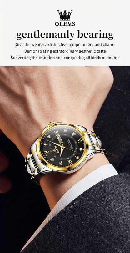 OLEVS Men's Luxury Business Chronograph Watch - Stainless Steel Dual Date & Day Calendar, Luminous Hands, Quartz Movement, Black Dial with Golden Accents for Formal & Casual Wear, Professional Timepiece, Sophisticated Style,