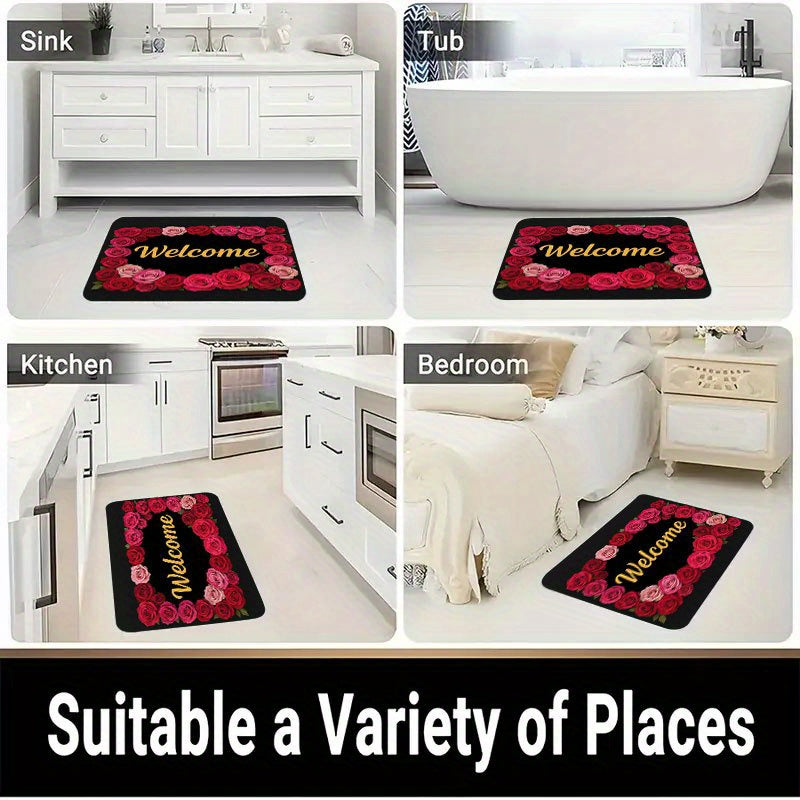 1pc Non-Slip Welcome Doormat - Red Roses & Welcome Golden Lettering on Black Background, High Quality Bathroom Mat, Entryway Mat, Camping Floor Mat - Machine Washable Rubber Backing for Indoor/Outdoor Use - Perfect for Christ