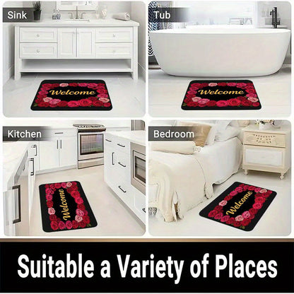 1pc Non-Slip Welcome Doormat - Red Roses & Welcome Golden Lettering on Black Background, High Quality Bathroom Mat, Entryway Mat, Camping Floor Mat - Machine Washable Rubber Backing for Indoor/Outdoor Use - Perfect for Christ