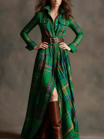 Women'S Autumn-Winter French Retro Elegant Literary Plaid Lapel Maxi Dress | Long Sleeve, Button Details, Vintage Style