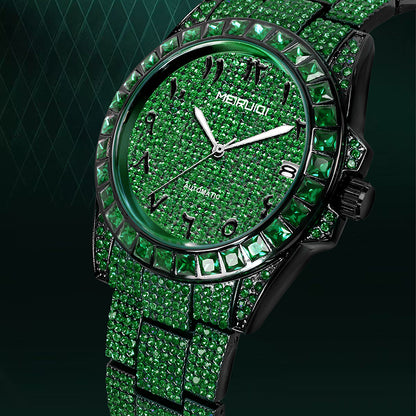 1pc Men's Luxury Green Tourbillon Mechanical Watch with Automatic Movement, 4-Hand Display (Hour/Minute/Second/Chronograph) - -Green Dial, Golden Hands & Black Bezel, Steel Band, Calendar, Mechanical Tourbillon Mechanism, No
