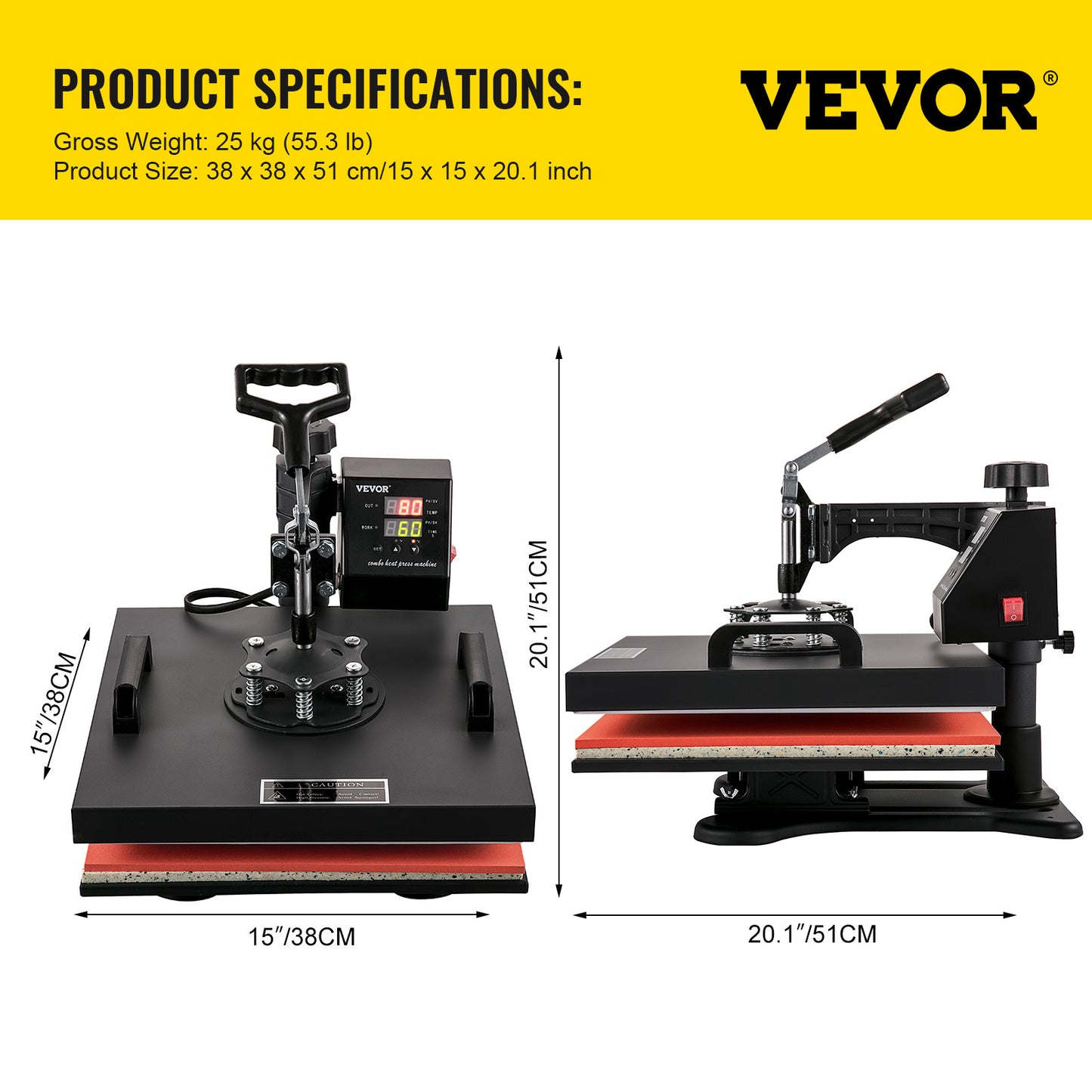 VEVOR Heat Press 15x15 Inch 8 in 1 Heat Press Machine Digital Multifunctional Sublimation Heat Transfer Machine Dual LED Display 360 Degree Rotation Swing Away for Printing T Shirts Hat Mug Cap Plate