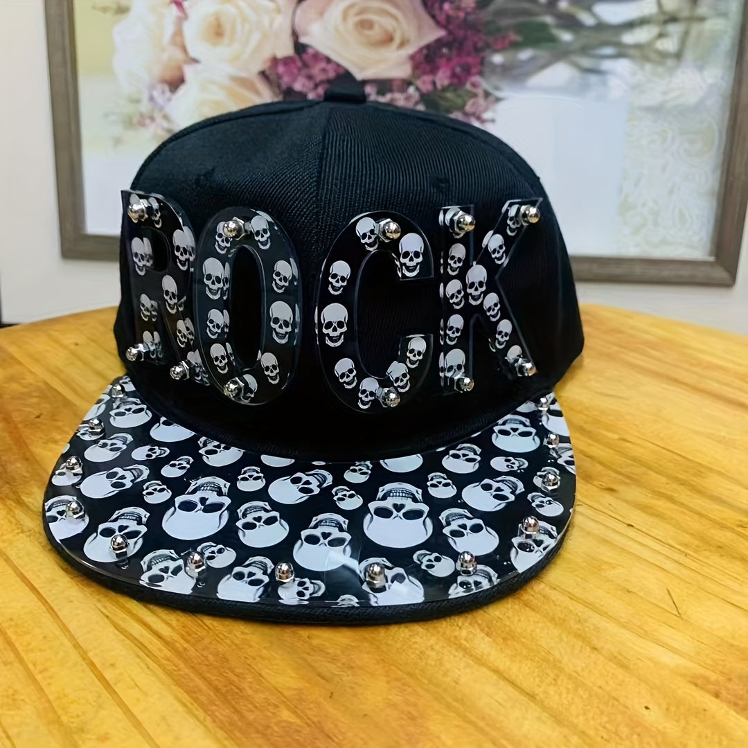 Punk Style Men'S Baseball Cap, 100% Polyester Lightweight Flat Brim Hat with Alphabet Pattern and Embellishments, Non-Stretch Fabric