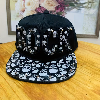 Punk Style Men'S Baseball Cap, 100% Polyester Lightweight Flat Brim Hat with Alphabet Pattern and Embellishments, Non-Stretch Fabric