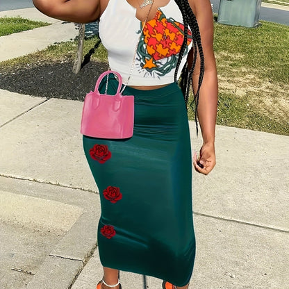 Women'S Floral Print Two-Piece Set - Sleeveless Crop Top & High-Waisted Skirt, Vibrant Red & Orange Floral Design, Medium Stretch Fabric, All-Season Casual Attire, Casual Attire|Floral Print Top|Stretchy Fabric, Floral Print