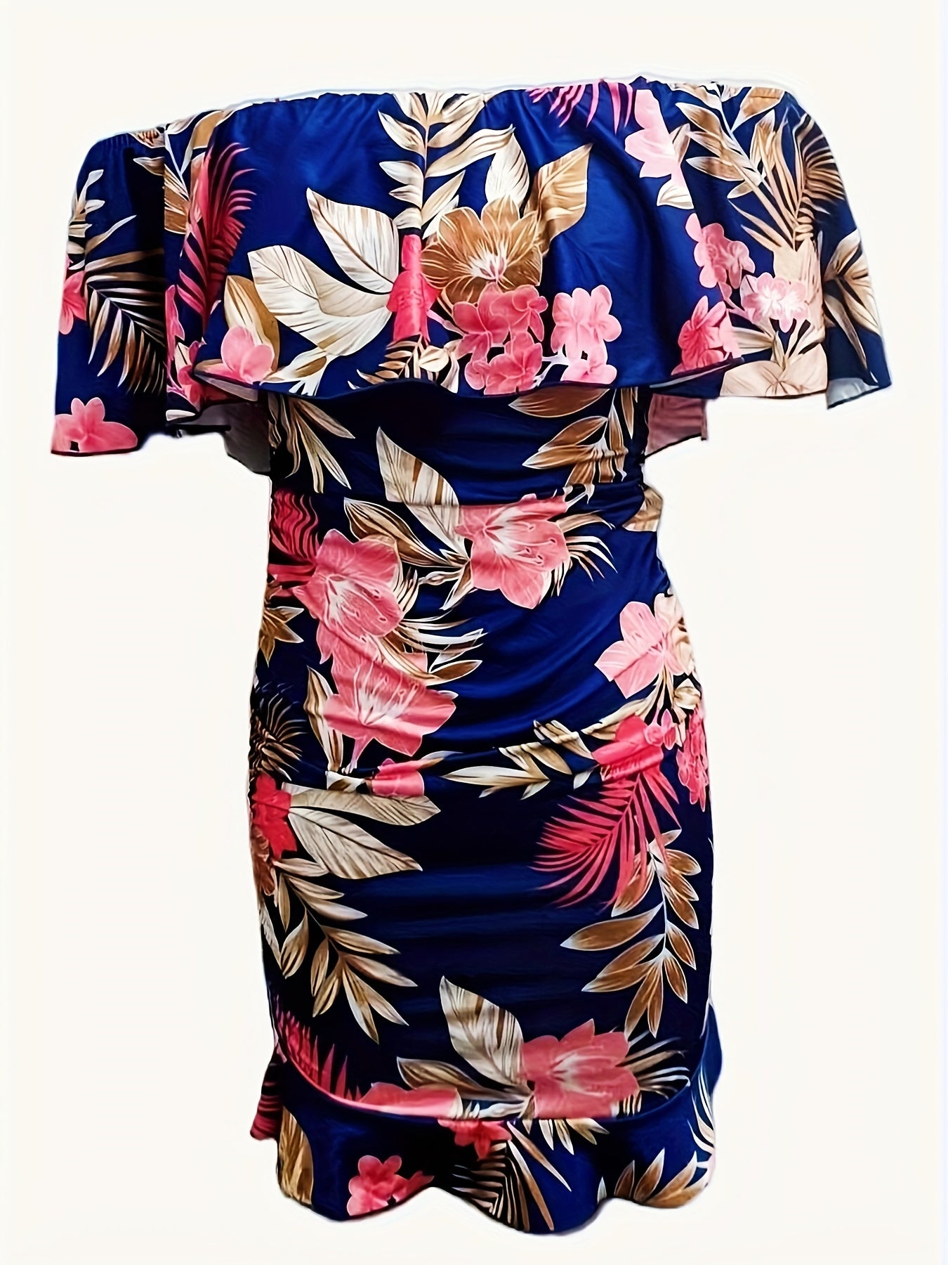 Floral Print Off Shoulder Dress, Sexy Ruched Bodycon Dress For Spring & Summer, Women's Clothing