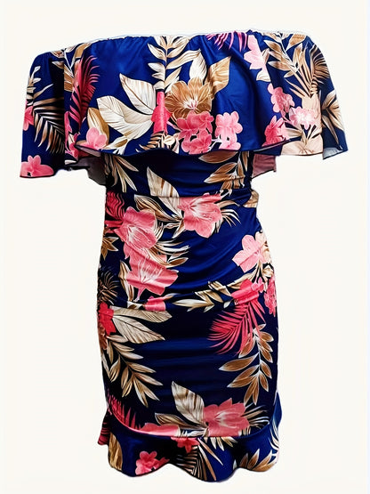 Floral Print Off Shoulder Dress, Sexy Ruched Bodycon Dress For Spring & Summer, Women's Clothing