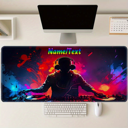 Custom DJ-Themed Gaming Desk Mat with Non-Slip Base & Personalized Text/Name - Large Computer Mouse Pad for Music Producers, DJs, Office Setup - Washable Surface & Rubber Backing, DJ Headphones & Turntables Design - Ideal Gif