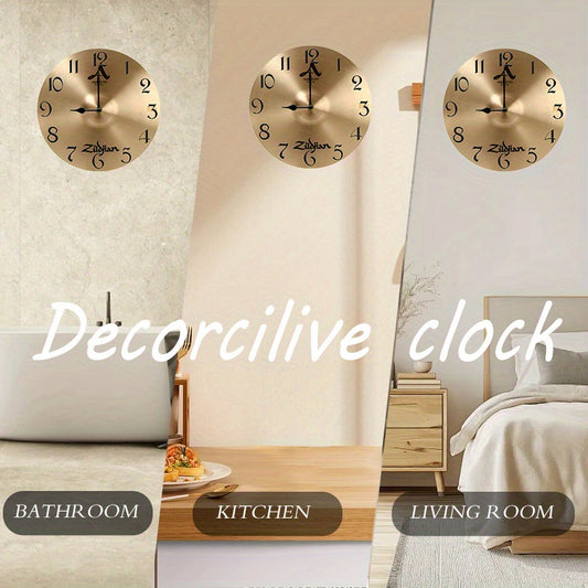 1pc Vintage Drum Plate design - Golden Brown face & black hour markers, Silent Quartz Movement Non-Ticking Wall Clock - Farmhouse Decor for Living Room, Kitchen, Office, Bedroom - Battery-Powered Wooden Clock (AA Battery Not