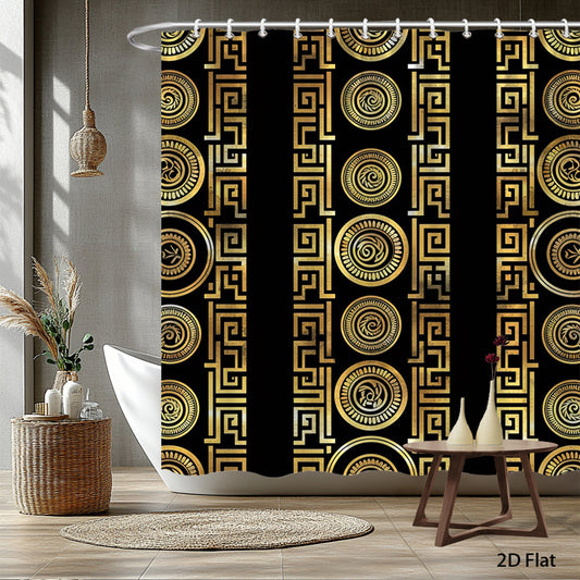 1pc Vintage Greek Key Shower Curtain - Black & Golden Bathroom Decor with Hooks, Extra Long 70.8x70.8 Inch High Quality Polyester Curtain for Bathtub Divider, Elegant Bath Window Treatment - Machine Washable Luxury Bathroom W