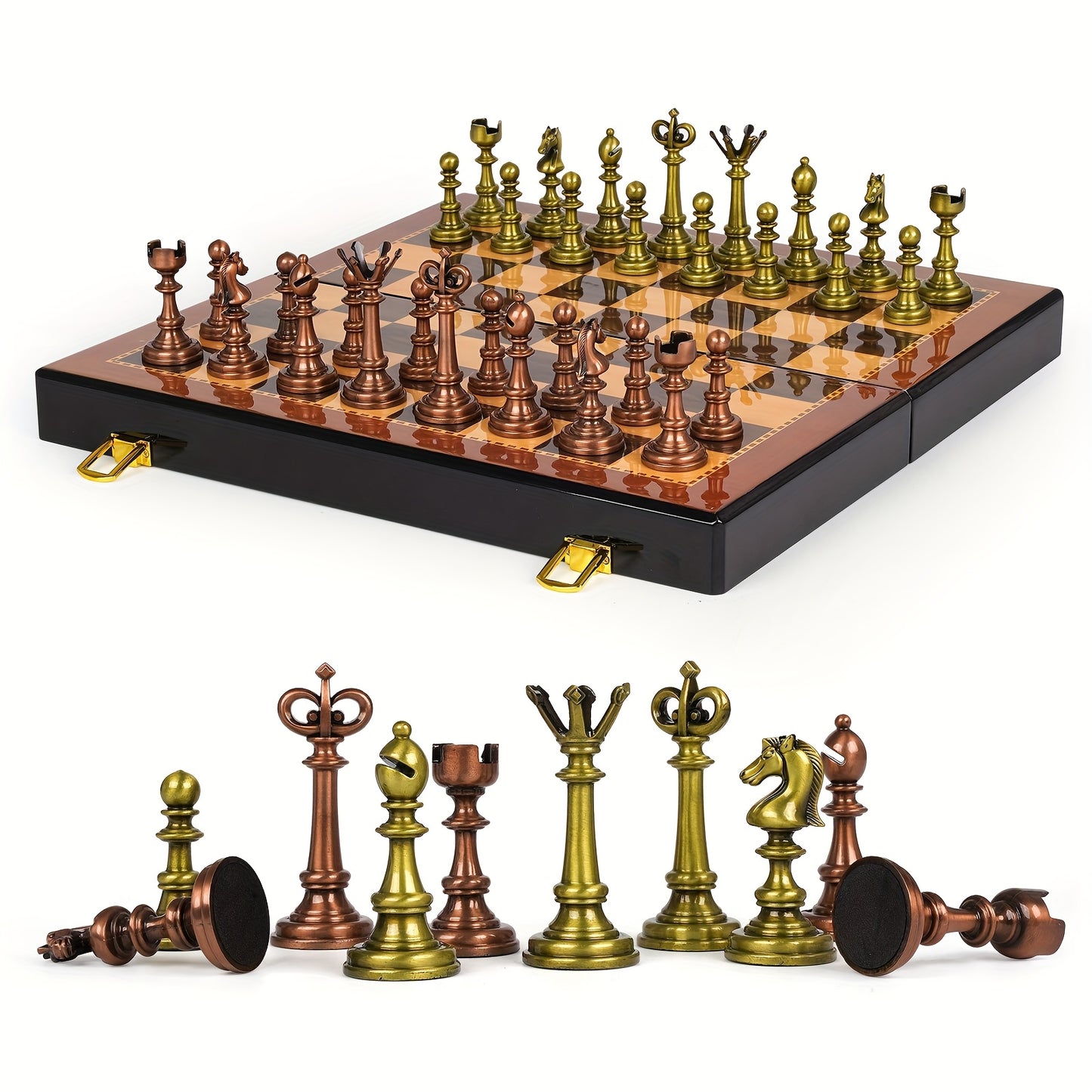 Vintage Metal Chess Set For Adults, 15" Wooden Chess Board With Metal Chess Pieces Travel Chess Set With Retro Chessmen, Collectible Elegant Chess Game, Family Vintage Board Game