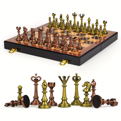 Vintage Metal Chess Set For Adults, 15" Wooden Chess Board With Metal Chess Pieces Travel Chess Set With Retro Chessmen, Collectible Elegant Chess Game, Family Vintage Board Game