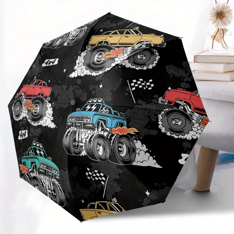 Monster Trucks Themed Automatic Umbrella - Portable Folding Umbrella with 8-Rib Durable Frame, Vibrant Monster Truck Design, Compact & Lightweight for Travel, Daily Use - Ideal Gift for Family & Friends, Umbrella for Travel,