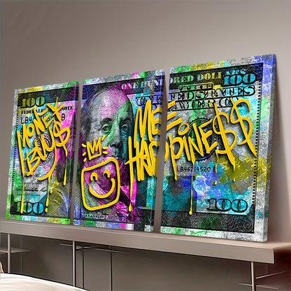 3-Panel Money Wall Art with Graffiti "Money Bus My Happiness" Design - 100 Dollar Bill Canvas Print on Recycled Wood Frame, Vibrant Inspirational Decor for Living Room, Bedroom, Home Office - Ready to Hang, Wall Hanging Decor