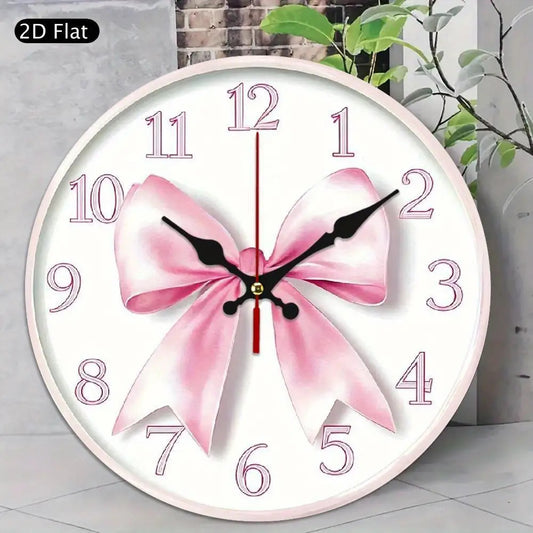 1pc Silent Non-Ticking Wooden Wall Clock with Pink Bow Design - Farmhouse Style Large Easy-to-Read Black Hands & White Face, 10 Inch Round Battery Operated (AA Batteries Not