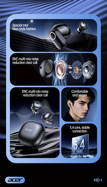 ACER TWS Wireless Earbuds with Deep Noise Reduction - 50h Long Standby, Low Latency, HIFI Stereo Sound, Touch Control, Rechargeable Lithium Battery, Ideal for Running & Sports, Sports Headphones|Ergonomic Design|Durable Plast