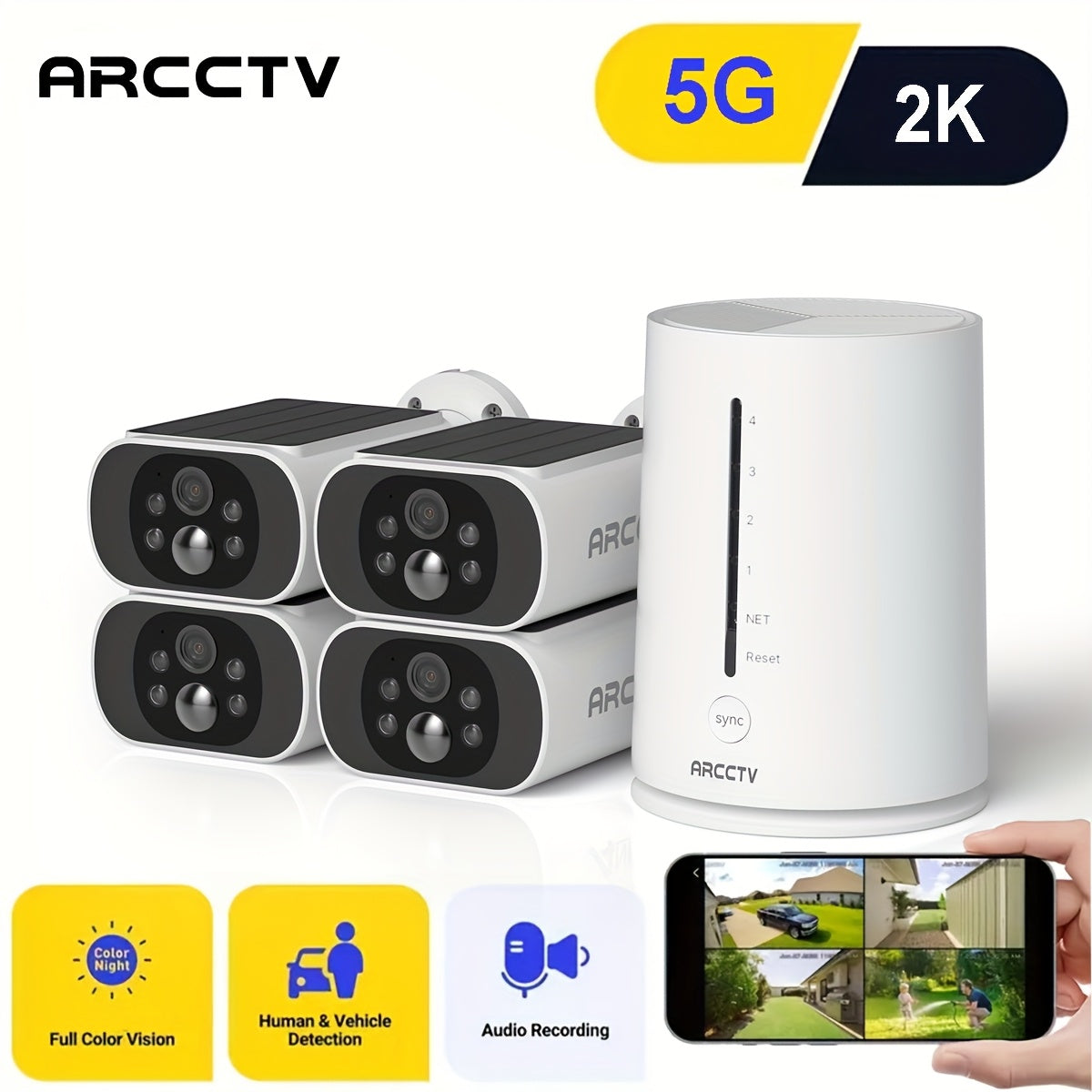 ARCCTV Cam 4-Cam Kit, Security Camera Outdoor Wireless, 2K Camera with Integrated Solar Panel, Forever Power, Smart Siren & Spotlights, 2-Way Audio, App-Controlled (Wi-Fi), 4MP Face Recognition AI, 5G & 2.4 GHz Wi-Fi, No Mont