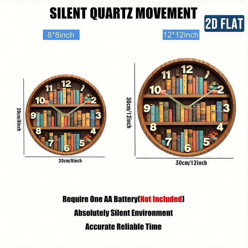 2D Flat, 1pc Bookshelf Wall Clock - Silent Non-Ticking Battery Operated (AA Batteries Not Included) - Vibrant Book Design with 12 Numbers, Acrylic Material, Perfect for Home, Office, Bedroom Decor - Unique Christmas Gift Idea