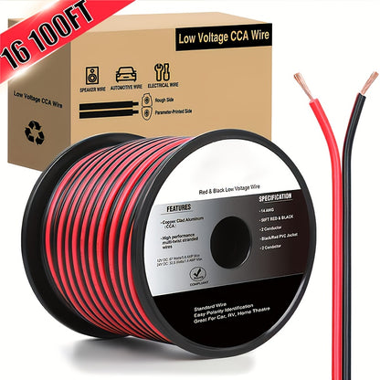 100Ft 16Awg Copper Clad Aluminum Wire | 16/2 Gauge Red Black Cca Electrical Cable, 2 Conductor Parallel, 12V/24V Dc Flexible Extension Cords For Car Audio Radio Speaker Amplifier | Brand: Nilight